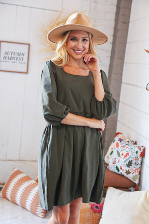 Moss Square Neck Three-Quarter Sleeve Woven Dress