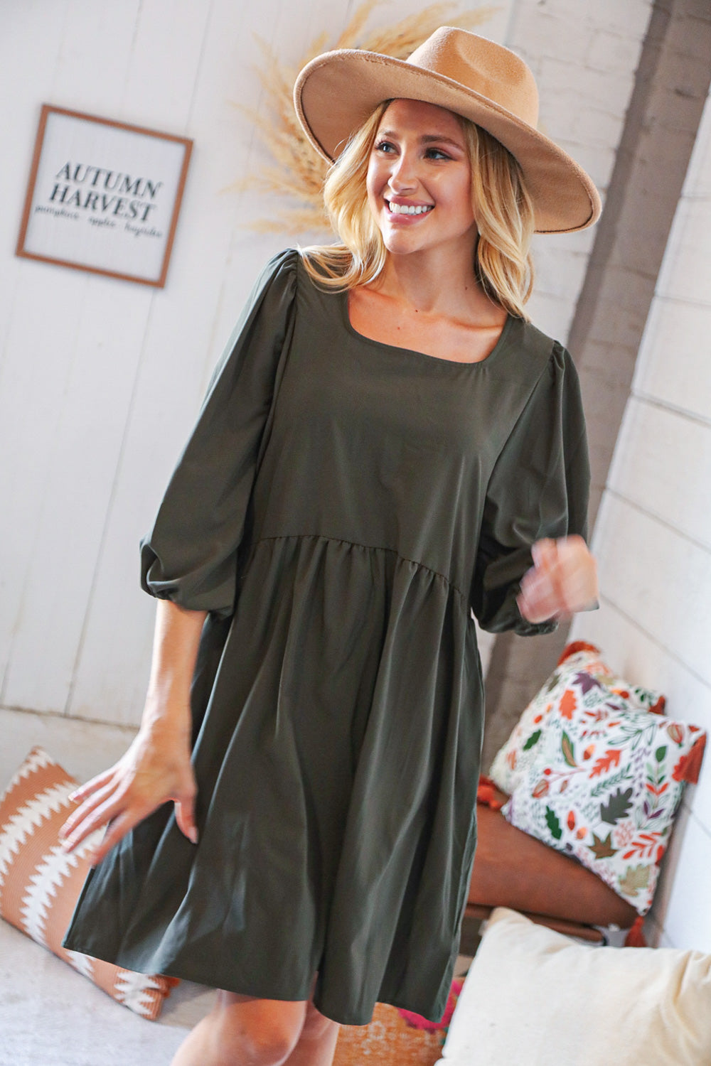 Moss Square Neck Three-Quarter Sleeve Woven Dress