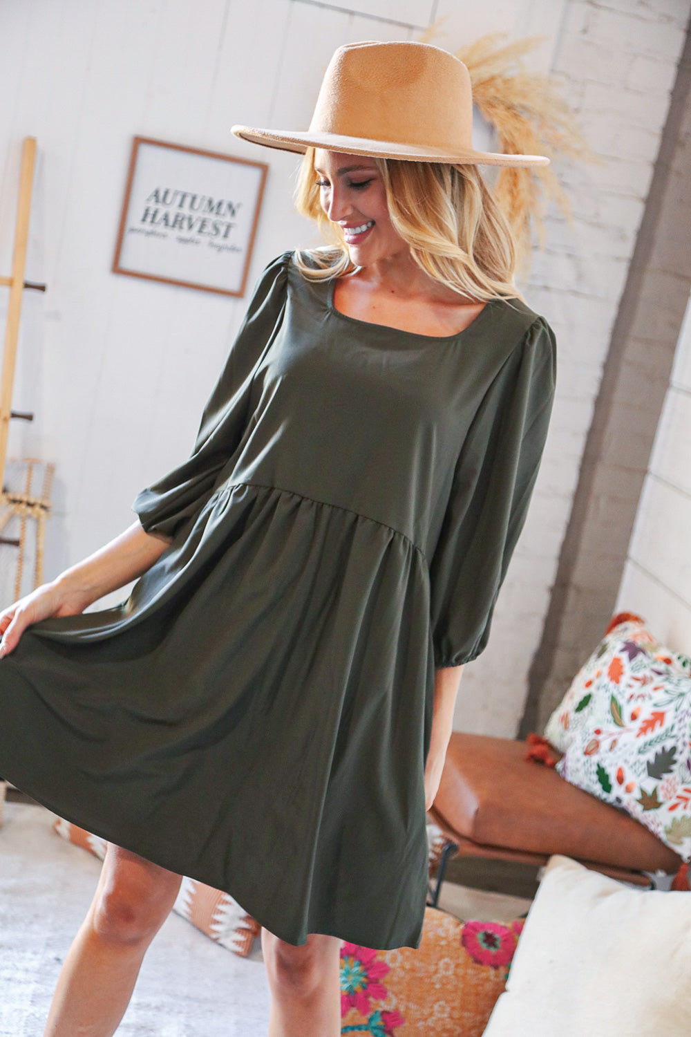 Moss Square Neck Three-Quarter Sleeve Woven Dress