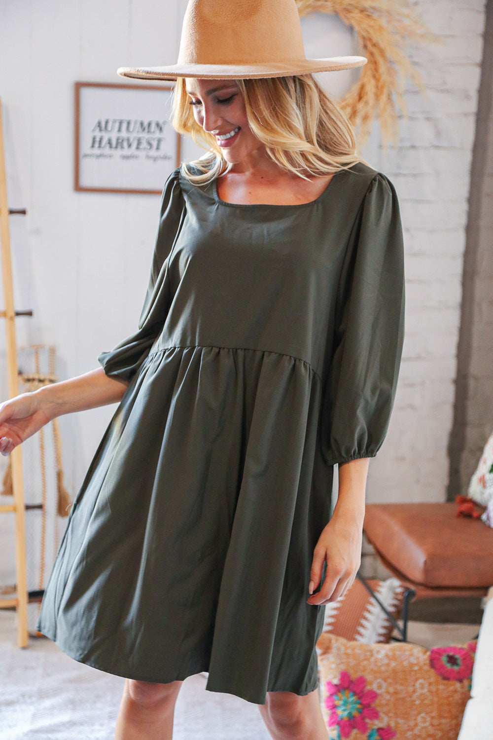 Moss Square Neck Three-Quarter Sleeve Woven Dress