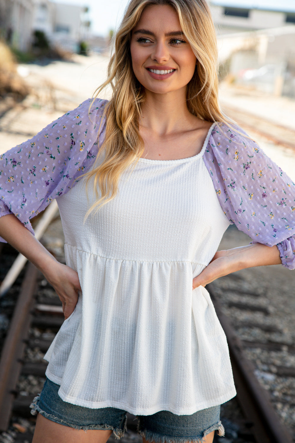 Ivory Lilac Square Neck Floral Swiss Dot Sleeve Top