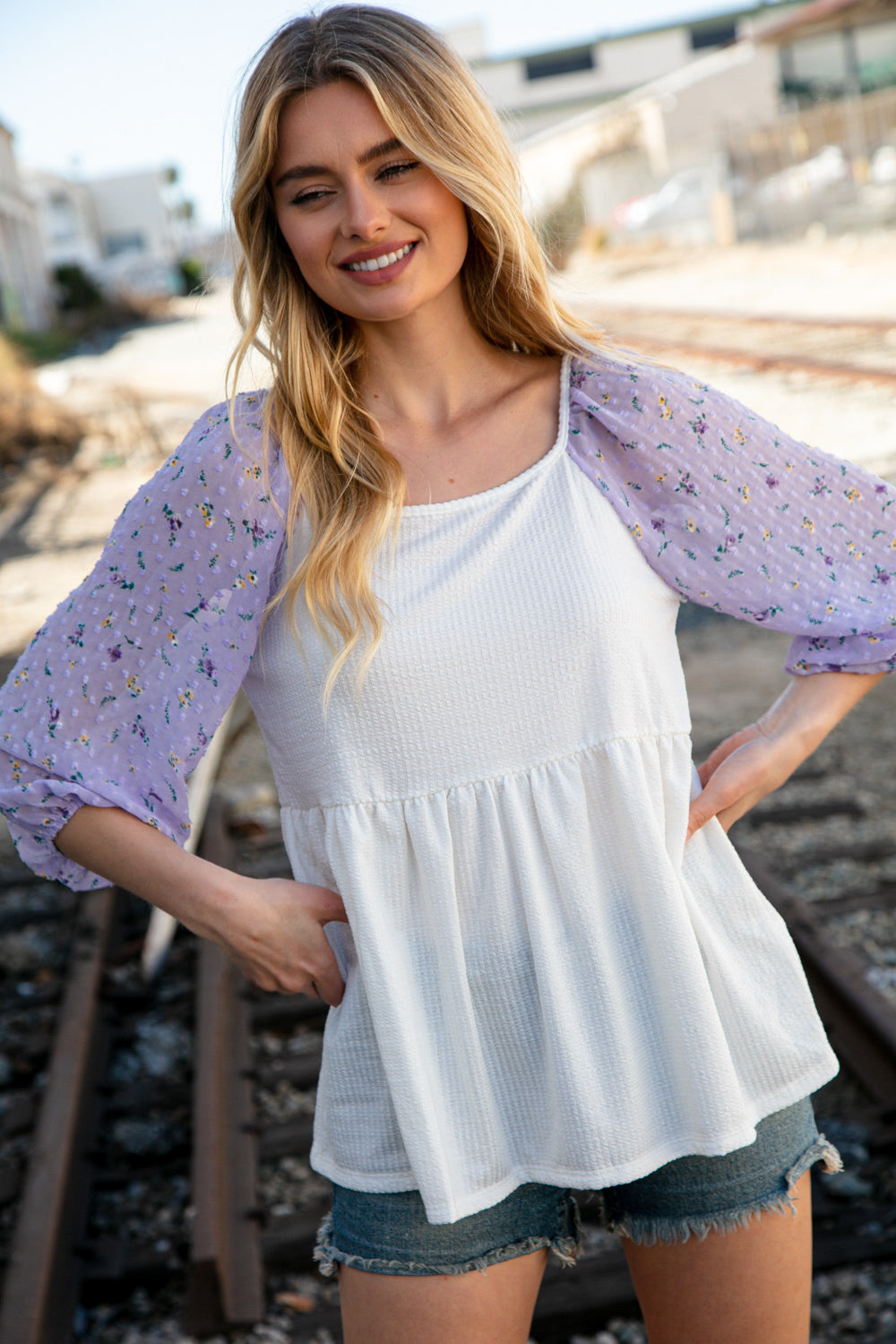 Ivory Lilac Square Neck Floral Swiss Dot Sleeve Top