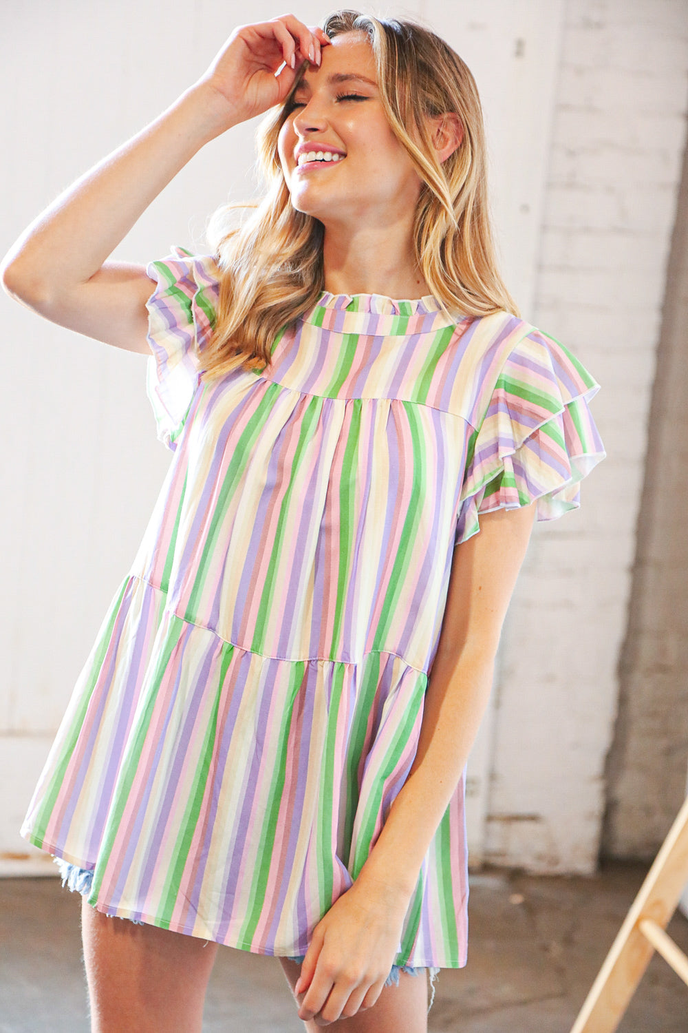 Multi Stripe Double Ruffle Sleeve Frill Tiered Top