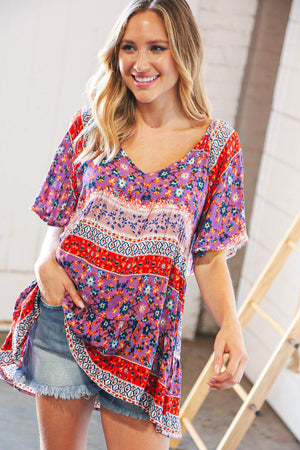 Multicolor Linen V Neck Shirred Flutter Sleeve Top