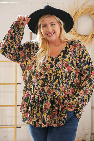 Black Floral V Neck Babydoll Ruffle Woven Blouse