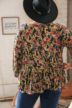 Black Floral V Neck Babydoll Ruffle Woven Blouse