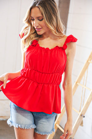 Red Fitted Square Neck Ruffle Strap Tiered Top