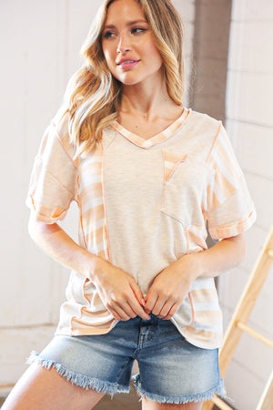 Peach/Tan Terry V Neck Color Block Stripe Loose Fit Top