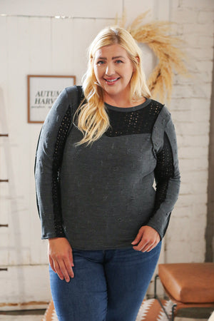 Charcoal Distressed Knit Eyelet Yoke Top