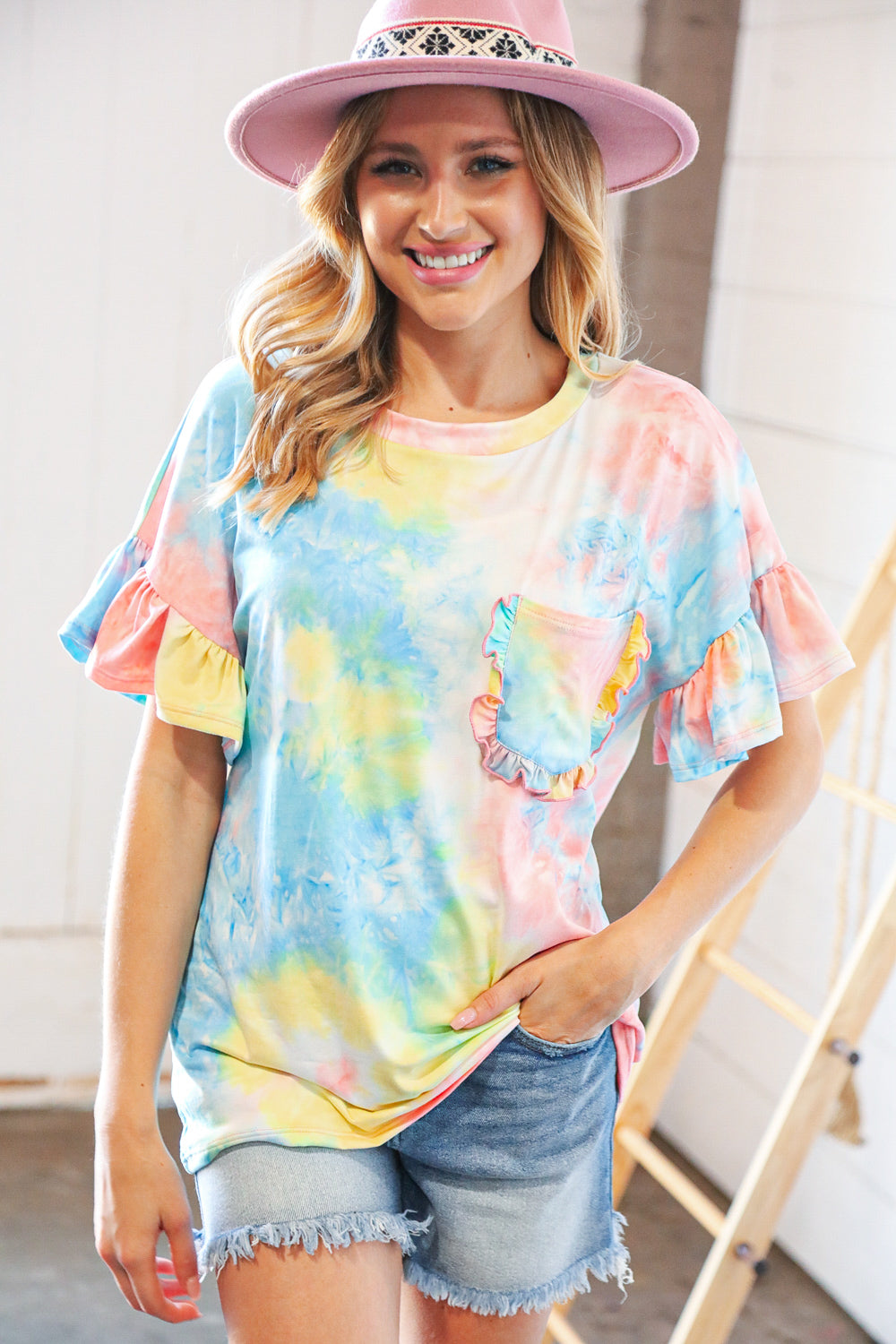 Yellow & Blue Tie Dye Dolman Ruffle Top with Pocket