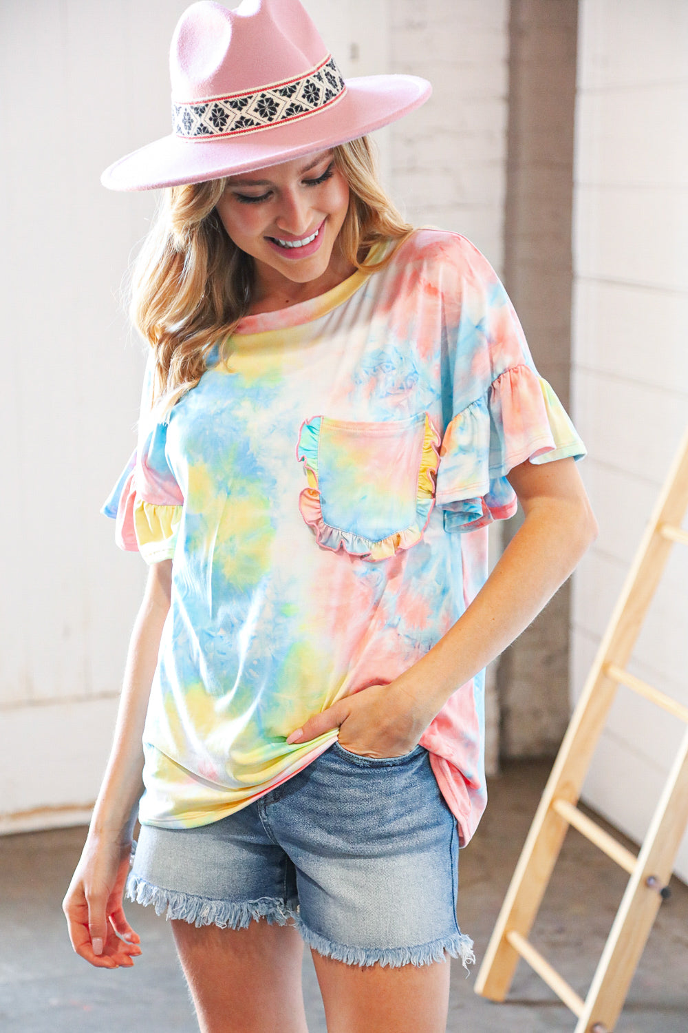 Yellow & Blue Tie Dye Dolman Ruffle Top with Pocket