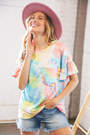 Yellow & Blue Tie Dye Dolman Ruffle Top with Pocket