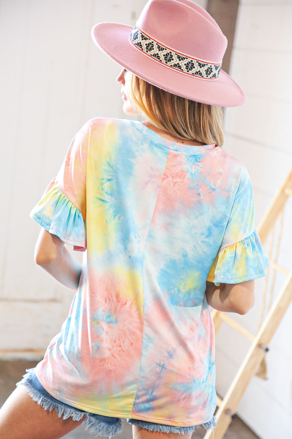 Yellow & Blue Tie Dye Dolman Ruffle Top with Pocket