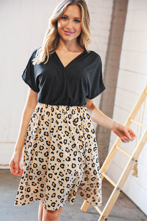 Black Rib Surplice Two Fer Leopard Dress