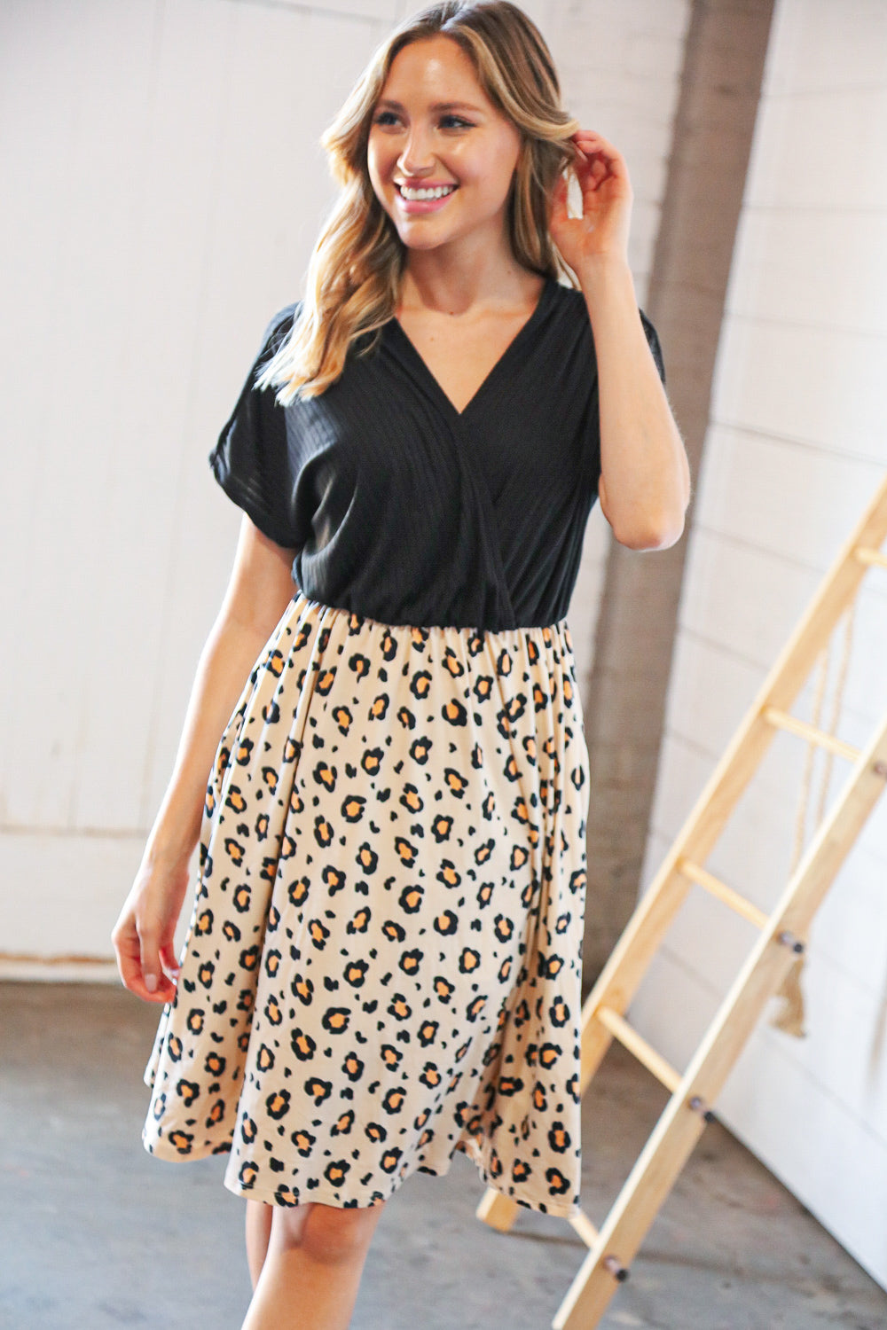 Black Rib Surplice Two Fer Leopard Dress