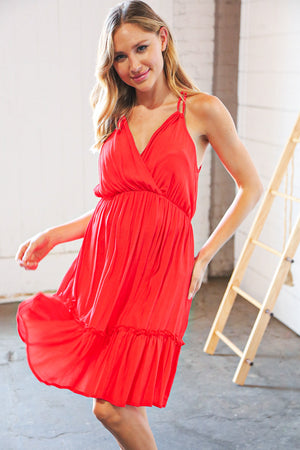 Red Viscose Surplice Double Strap Ruffle Hem Dress