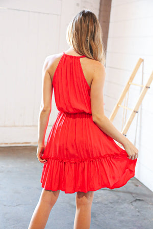 Red Viscose Surplice Double Strap Ruffle Hem Dress