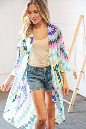 Multicolor Diamond Print Hi-Lo Mesh Kimono