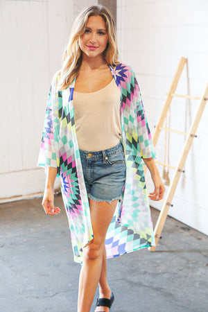 Multicolor Diamond Print Hi-Lo Mesh Kimono