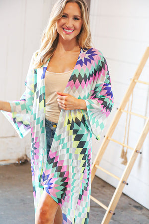 Multicolor Diamond Print Hi-Lo Mesh Kimono