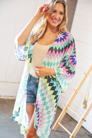 Multicolor Diamond Print Hi-Lo Mesh Kimono