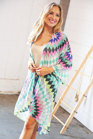 Multicolor Diamond Print Hi-Lo Mesh Kimono