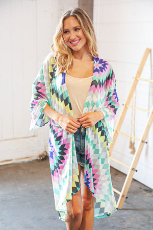 Multicolor Diamond Print Hi-Lo Mesh Kimono