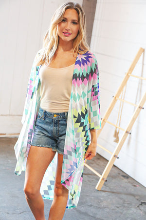 Multicolor Diamond Print Hi-Lo Mesh Kimono