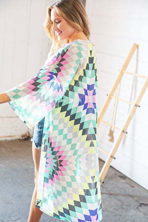 Multicolor Diamond Print Hi-Lo Mesh Kimono