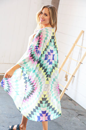 Multicolor Diamond Print Hi-Lo Mesh Kimono