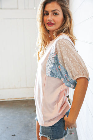 Blush Floral Thermal Color Block Crochet Lace Top