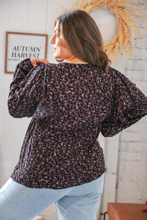 Black Boho Ethnic Floral Ruffle Baby Doll Peplum Blouse