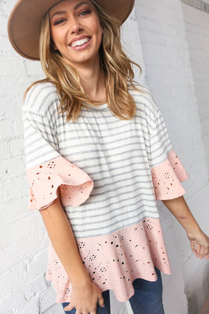 Grey Stripe & Peach Eyelet Hem and Ruffle Sleeve Top