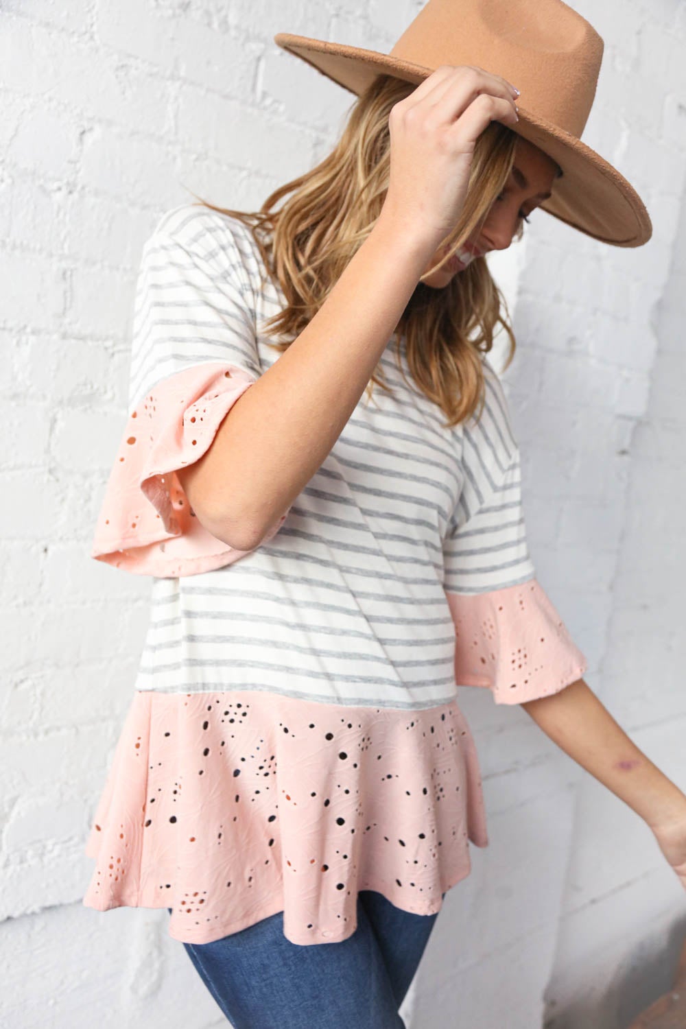 Grey Stripe & Peach Eyelet Hem and Ruffle Sleeve Top