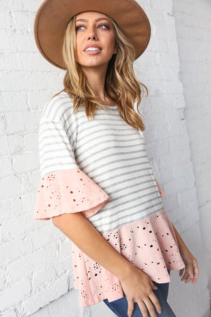 Grey Stripe & Peach Eyelet Hem and Ruffle Sleeve Top