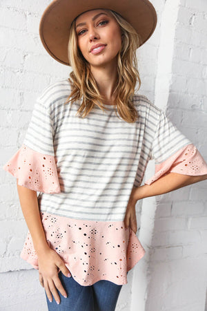 Grey Stripe & Peach Eyelet Hem and Ruffle Sleeve Top