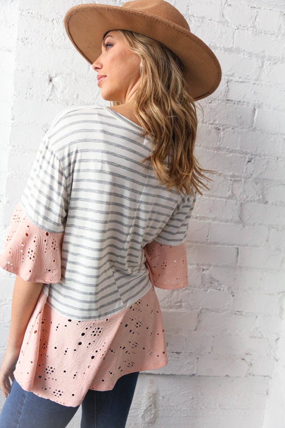 Grey Stripe & Peach Eyelet Hem and Ruffle Sleeve Top