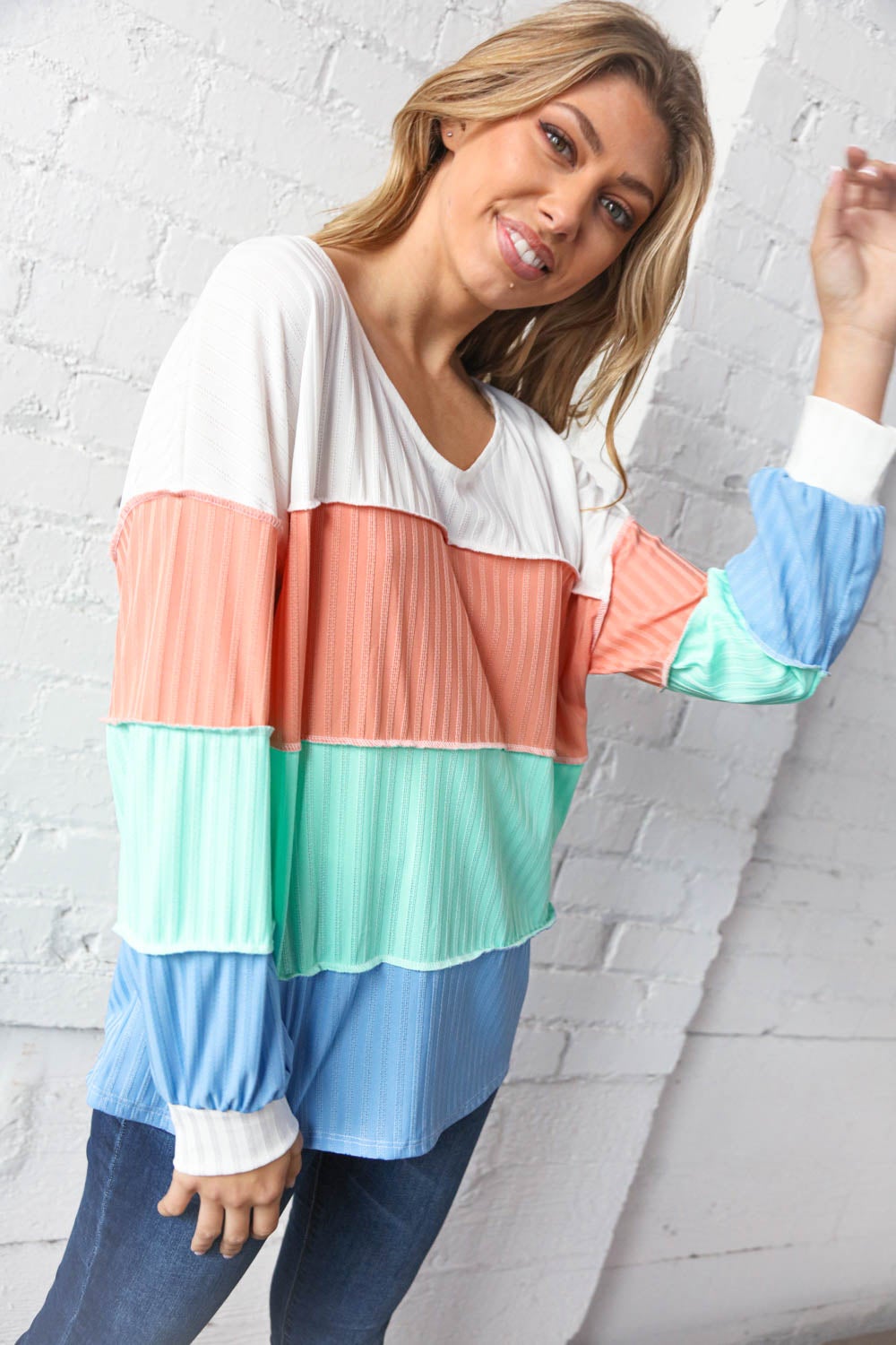 V Neck Multistripe Pointelle Rib Out Seam Detail Top