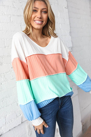 V Neck Multistripe Pointelle Rib Out Seam Detail Top