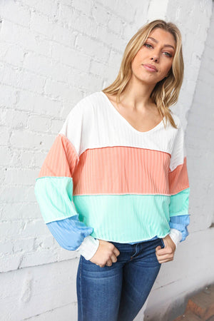 V Neck Multistripe Pointelle Rib Out Seam Detail Top