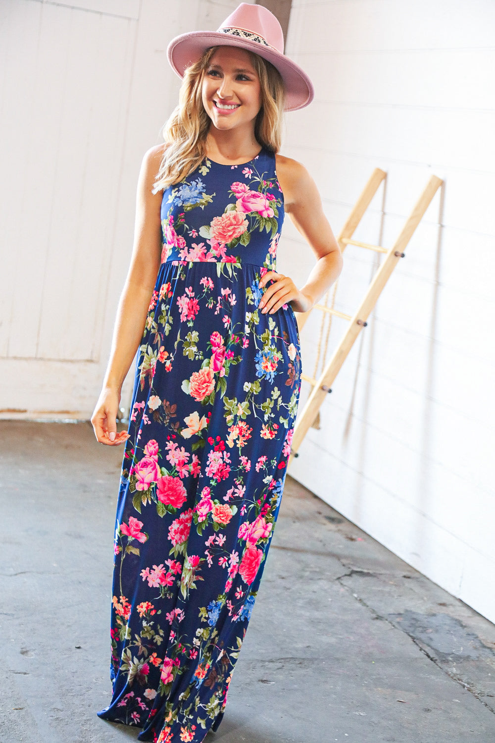 Navy Floral Sleeveless Pocketed Maxi Dress