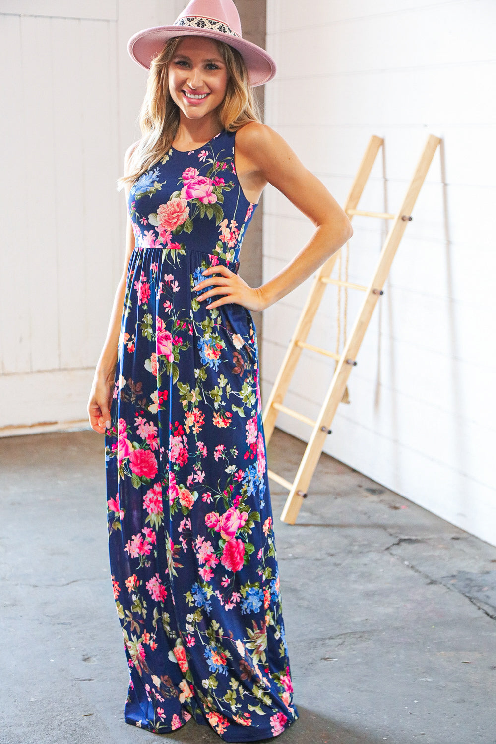 Navy Floral Sleeveless Pocketed Maxi Dress