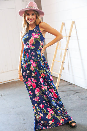 Navy Floral Sleeveless Pocketed Maxi Dress