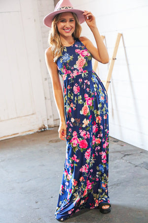 Navy Floral Sleeveless Pocketed Maxi Dress