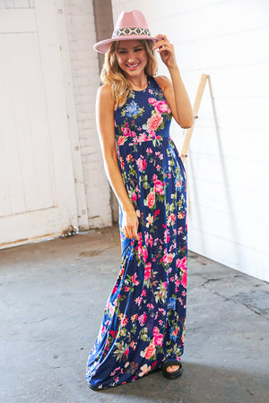 Navy Floral Sleeveless Pocketed Maxi Dress