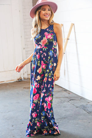 Navy Floral Sleeveless Pocketed Maxi Dress