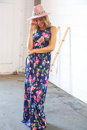 Navy Floral Sleeveless Pocketed Maxi Dress