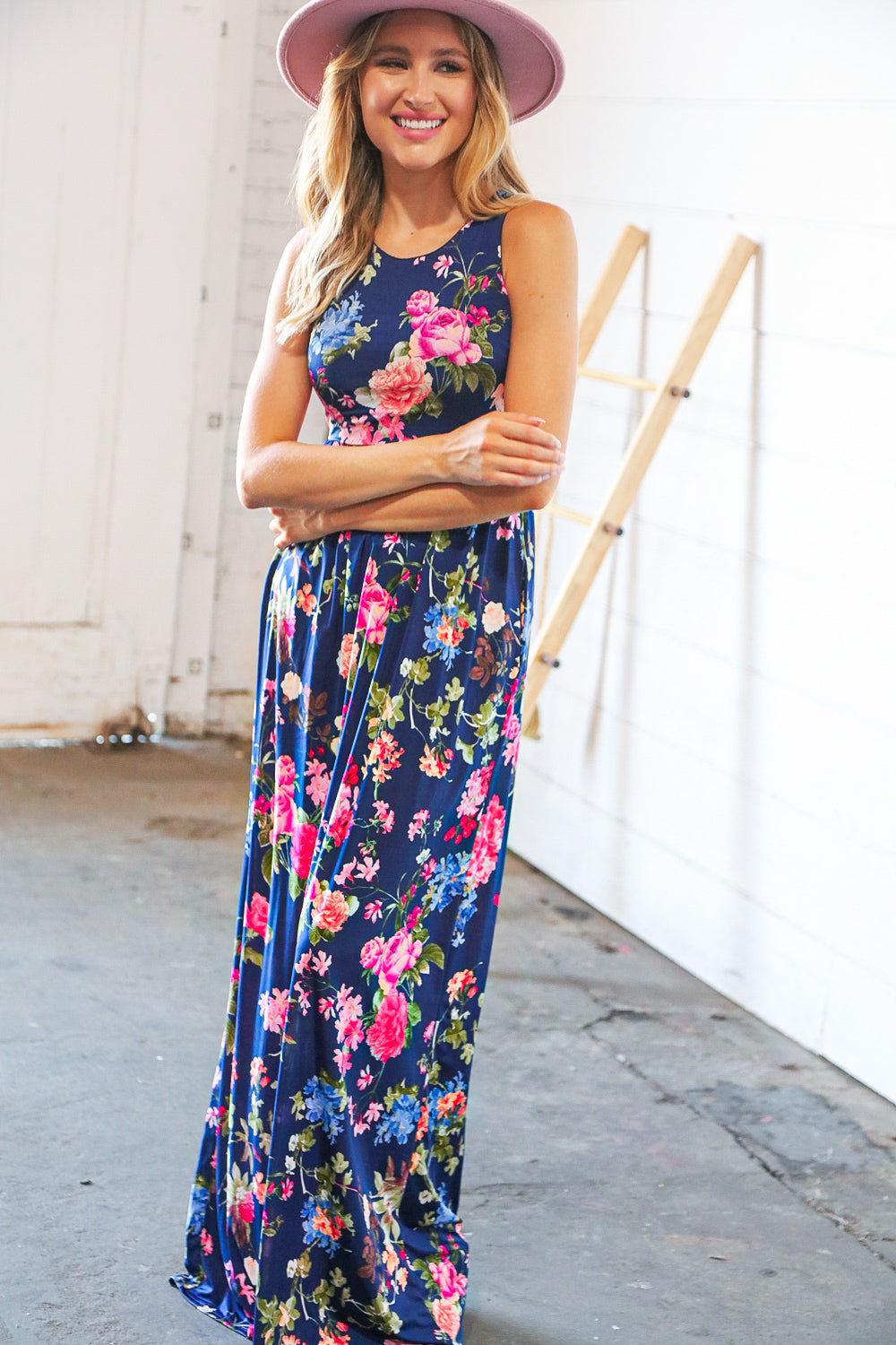 Navy Floral Sleeveless Pocketed Maxi Dress