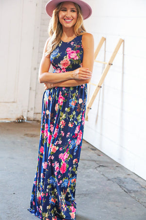 Navy Floral Sleeveless Pocketed Maxi Dress