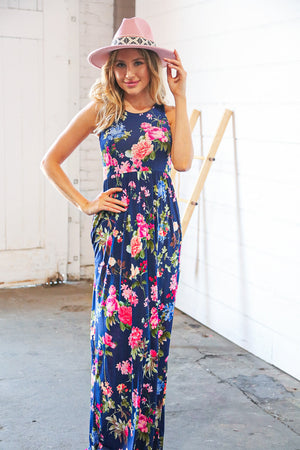 Navy Floral Sleeveless Pocketed Maxi Dress